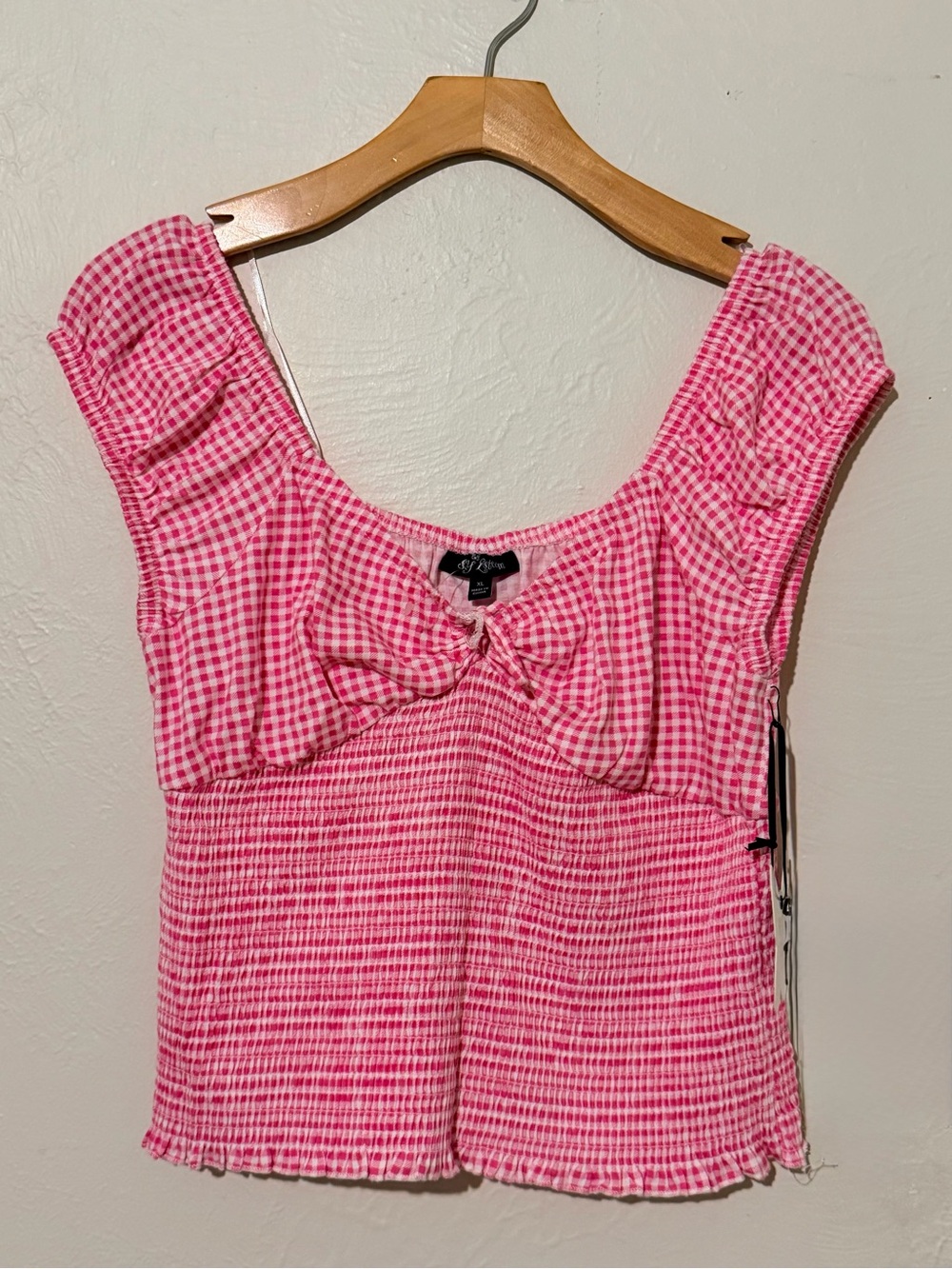 Self Esteem Pink Gingham Tie-Front Smocked Crop Top